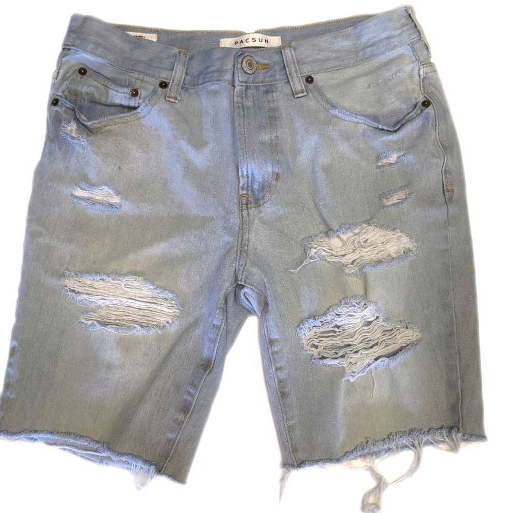 PacSun Los Angeles light blue wash skinny cutoff denim jean short, distressed 30